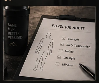 A physique audit checklist sheet on a clipboard beside a pen.